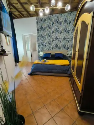 a bedroom with a bed in the middle of a room at Crezy House Trilussa in Rome