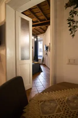 a hallway with a door leading to a living room at Crezy House Trilussa in Rome