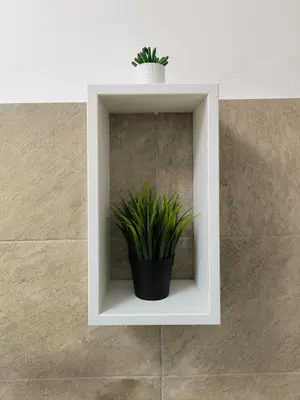 a white shelf with a potted plant on a wall at Crezy House Trilussa in Rome