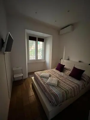 a bedroom with a bed with purple pillows and a window at DomuSolina in Rome