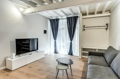 a living room with a couch and a tv at Vicolo Orsoline Piazza Spagna in Rome