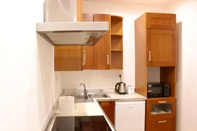 a small kitchen with wooden cabinets and a sink at HC - Miriam's Brand New Apartment in Vatican in Rome