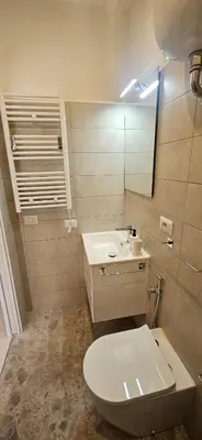 a bathroom with a toilet and a sink and a mirror at Anastasio Terrace double 3 in Rome