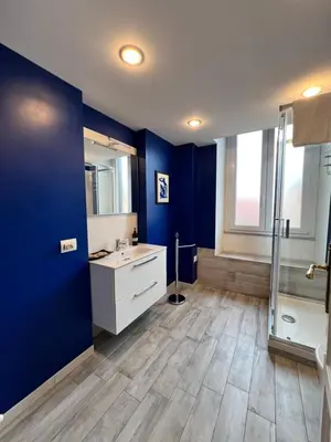 a bathroom with blue walls and a sink and a shower at Amalia Vatican House in Rome
