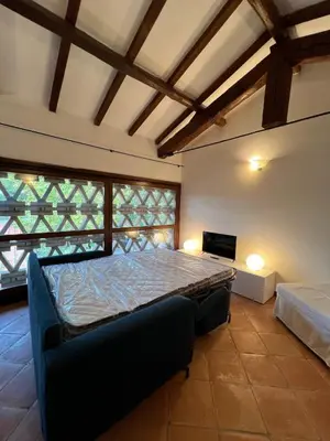 a bedroom with a bed and a tv in it at Apartment in green oasis in Rome