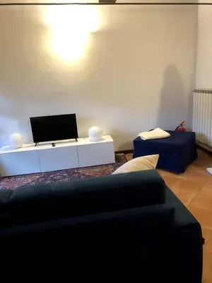 a living room with a couch and a tv at Apartment in green oasis in Rome