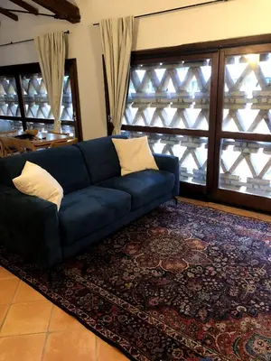 a blue couch in a living room with windows at Apartment in green oasis in Rome