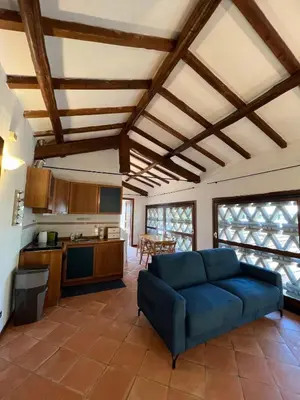 a living room with a blue couch in a kitchen at Apartment in green oasis in Rome