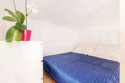 a bedroom with a blue bed and a potted plant at Cozy House near Termini Station - San Lorenzo in Rome