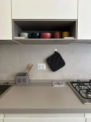 a kitchen with a stove and a shelf with dishes at Bliss House near Vatican City in Rome