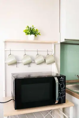 a kitchen with a black microwave on a shelf at Vatican sweet view in Rome
