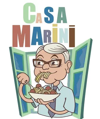 a man eating a bowl of pasta with the words casa marin at Casa Marini in Rome