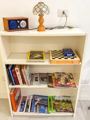 a book shelf filled with books and a lamp at Nuovo monolocale a 15 minuti dalla Stazione Termini in Rome
