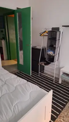 a bedroom with a green door and a bed and a desk at Il Pineto in Rome