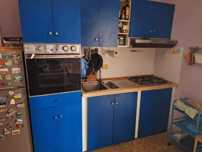 a kitchen with blue cabinets and a sink and a refrigerator at Il Pineto in Rome