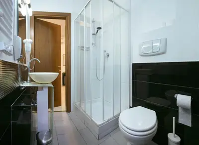 a bathroom with a shower and a toilet and a sink at Lorenzo's Rooms in Vatican in Rome