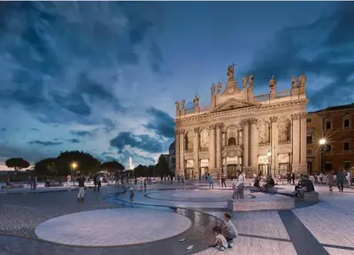 a large building with people sitting in front of it at Fast Re Apartment in Rome
