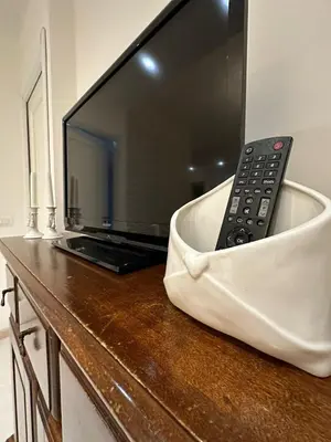 a remote control sitting in a white bowl next to a television at A casa di Lù in Rome