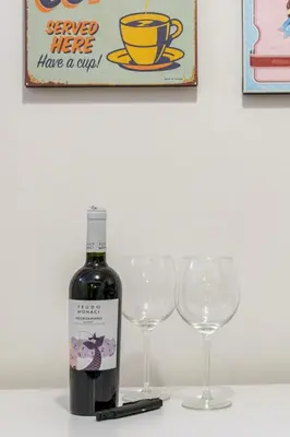 a bottle of wine next to two wine glasses at Artistic colorful Apart Vatican Museums in Rome