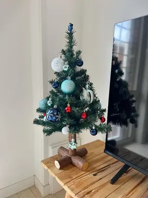 a christmas tree sitting on a table next to a mirror at Wood Apartment - Rome Battistini in Rome