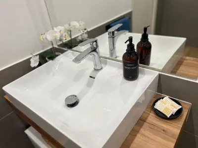 a bathroom sink with two bottles of soap at Attico Vacanza Roma Nord - Casa Mengotti in Rome