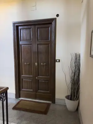 a wooden door in a room with a plant at Saint Peter Beautiful 2BR Apartment in Rome