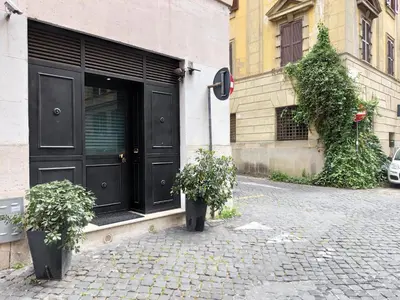 a building with a black door and two potted plants at Appartamento in Via dei 3 Pupazzi 12 in Rome