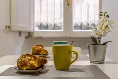 a table with two plates of croissants and a yellow mug at iFlat Colosseo Prestige in Rome