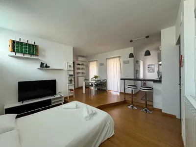 a living room with a bed and a television at Splendido Attico con Terrazza a Trastevere in Rome