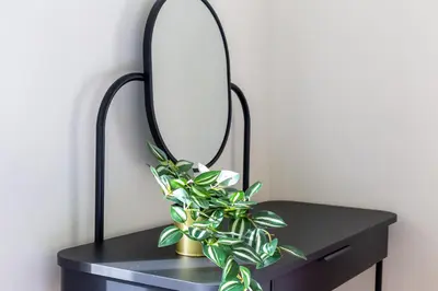 a black dressing table with a mirror and a plant at iFlat Vatican New Bright & Comfy 3 Bedroom apt in Rome