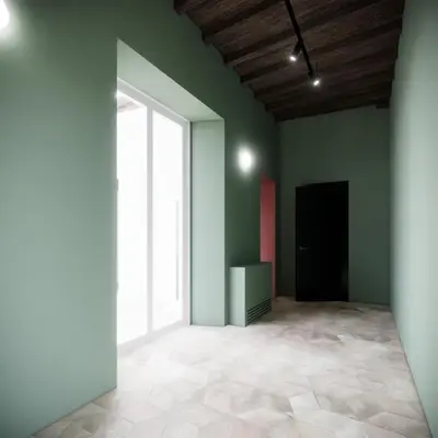 an empty room with green walls and a doorway at Off in Rome