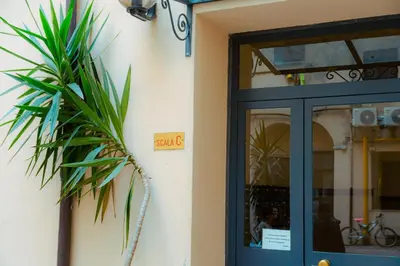 a door to a store with a palm plant next to it at Quiet and cosy central apartment in Rome