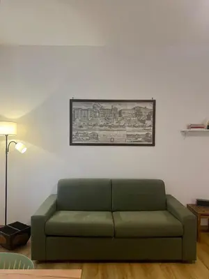 a green couch in a living room with a picture on the wall at Al lotto 27 Garbatella Storica in Rome