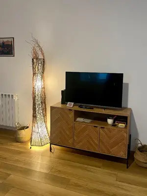 a living room with a television on a wooden entertainment center at Al lotto 27 Garbatella Storica in Rome