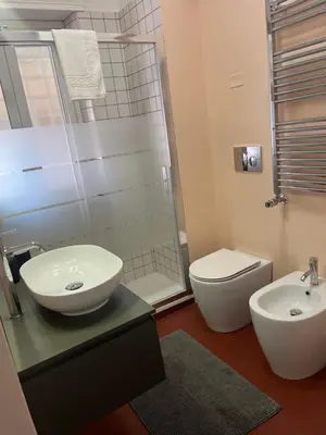 a bathroom with a sink and a toilet and a shower at Panoramic penthouse 10m from metro A in Rome