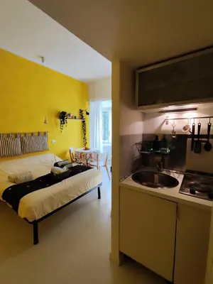 a room with a bed and a kitchen with a sink at COLOSSEUM Studio Flat in Rome