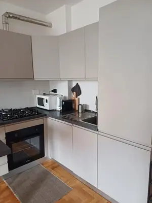 a white kitchen with a stove and a microwave at Daniela Luxury Apartment in Rome