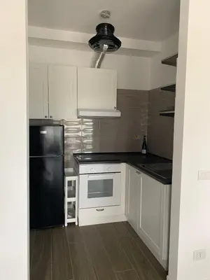 a kitchen with white cabinets and a black refrigerator at Roberta and Luca cozy apartment with garden, terrace and pool in Rome