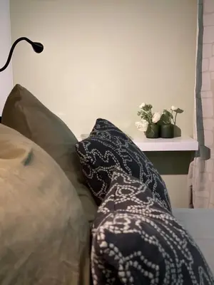 a bed with two pillows and a table with plants at Mazzini ApartmenT, next to Vatican City in Rome