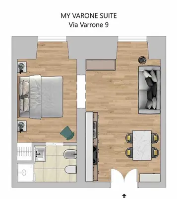 a floor plan of a bedroom and a bathroom at My Varrone Suite in Rome