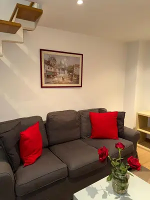 a living room with a gray couch with red pillows at Kejsi Home in Rome