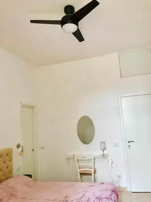 a ceiling fan in a bedroom with a pink bed at Piazza Navona in Rome