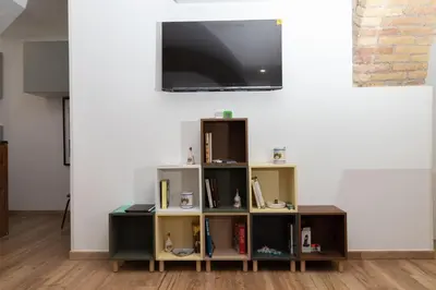 a book shelf with a tv on a wall at Troppo Forte appartamento a due passi dal Colosseo in Rome