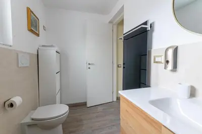 a bathroom with a toilet and a sink and a mirror at San Paolo - 10 min from Metro and 30 mq Terrace in Rome