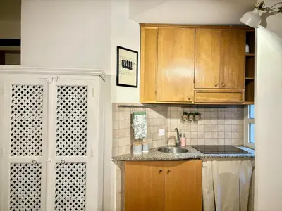 a kitchen with wooden cabinets and a sink at RomeAsYouLike - Colonna Apartment N 50 in Rome