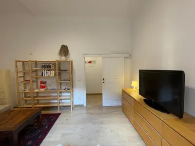 a living room with a flat screen tv on a dresser at Theo's House in Rome Ostiense in Rome