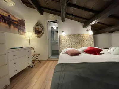 a bedroom with a large bed with red pillows at Rooftop view house near Piazza Navona in Rome