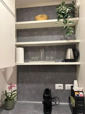 a kitchen with white shelves with plants on them at Gina's House Trastevere Station in Rome