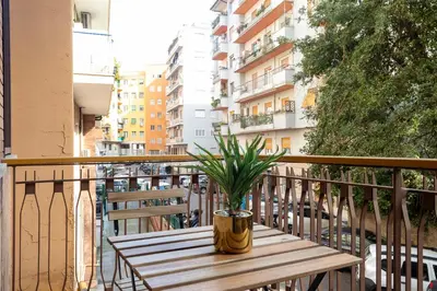 a potted plant sitting on a wooden table on a balcony at Vatican House Crocifisso 51 in Rome