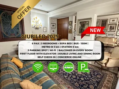 a flyer for a house with a couch in a living room at 6 people, 3 parking spot, balconies, Metro B in Rome